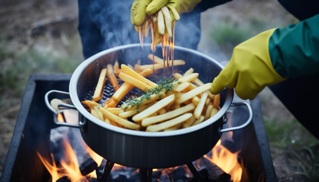 Cooking french fries on a campfire