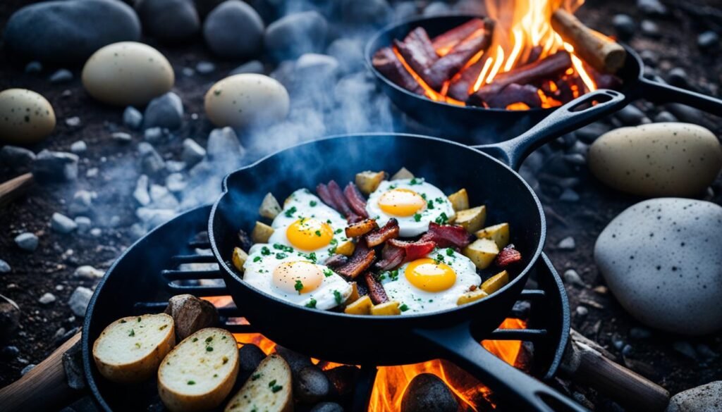 campfire cooking with cast iron