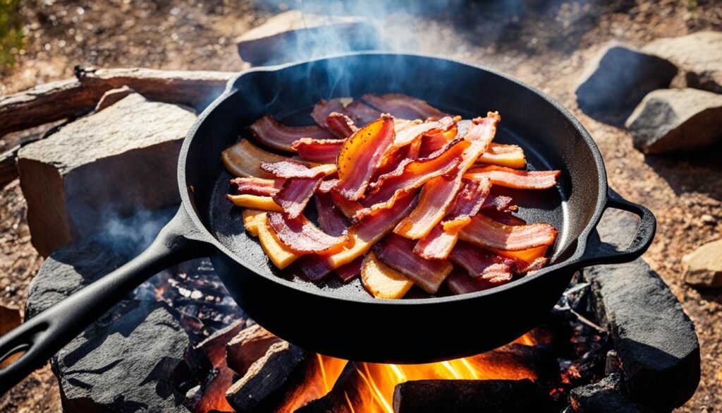 cooking bacon over an open flame