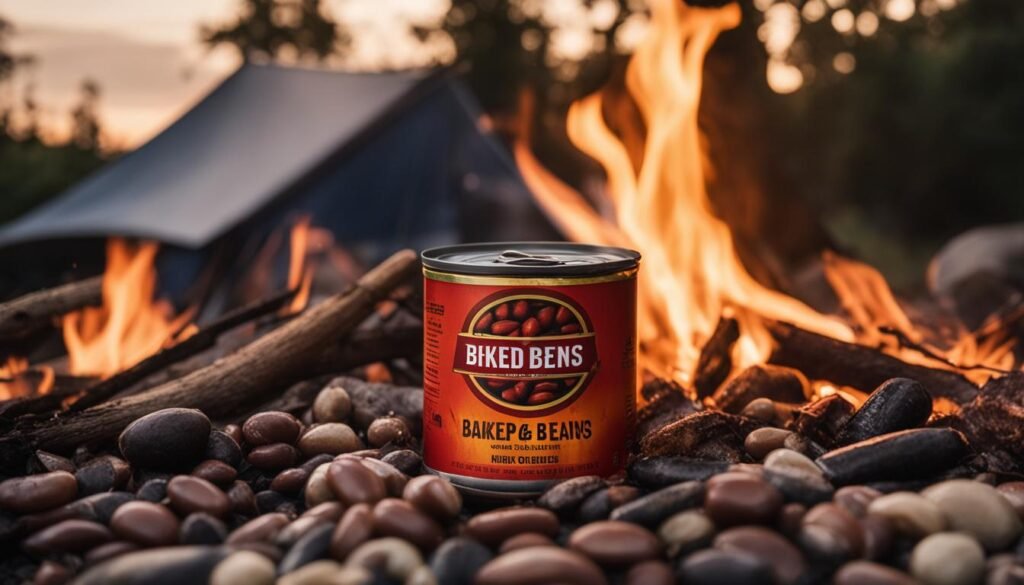 cooking baked beans in the can on a campfire