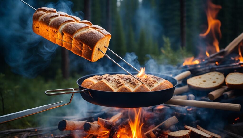 cooking garlic bread over campfire